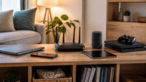 Editorial cybersecurity scene for Home Network Security Explained: How to Protect Your Wi-Fi, Devices, and Family