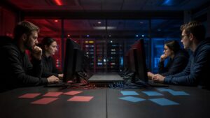 Editorial cybersecurity scene for Red Team vs Blue Team Explained: What They Do and Why Cyber Defense Needs Both