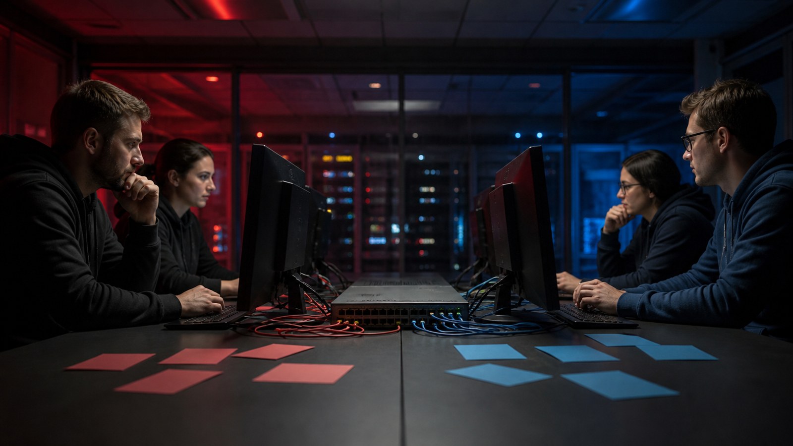 Editorial cybersecurity scene for Red Team vs Blue Team Explained: What They Do and Why Cyber Defense Needs Both
